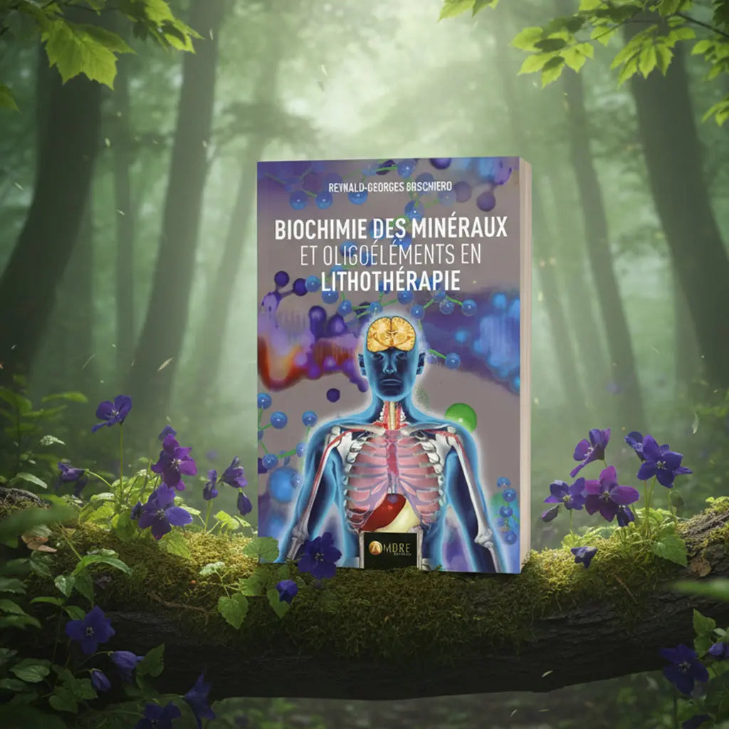 Livre Biochimie des Minéraux et Oligoéléments en Lithothérapie de Reynald-Georges Boschiero posé sur une branche moussue, illustré d'un corps humain transparent avec son squelette et son cerveau lumineux au milieu de molécules.