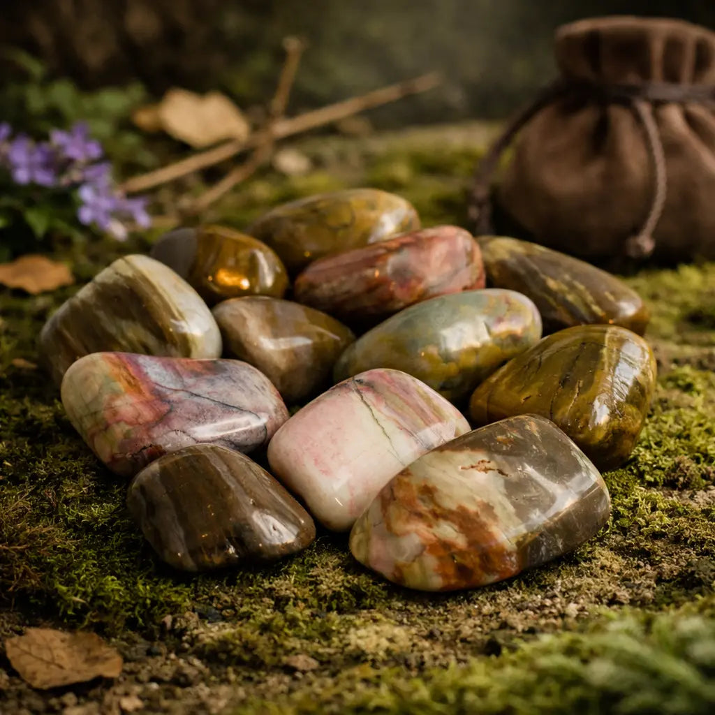 Amoncellement de pierres de bois fossilisé polies aux teintes terreuses, roses et beiges, montrant des veines naturelles, disposées sur de la mousse avec un pochon brun.