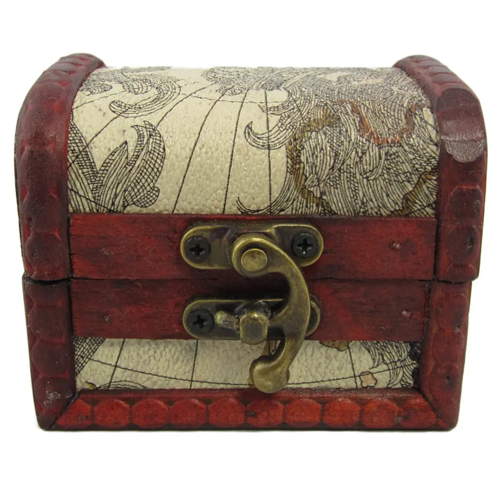 Boite coloniale Atlas coffret en bois rouge avec revêtement beige imprimé carte du monde vintage.
