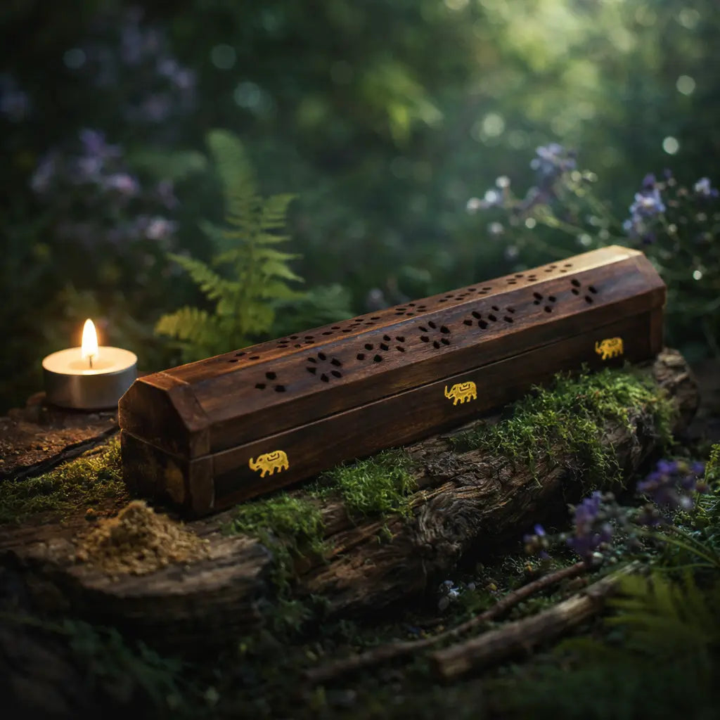 Boîte porte encens en bois de manguier pour cônes avec couvercle ajouré et incrustations en laiton.