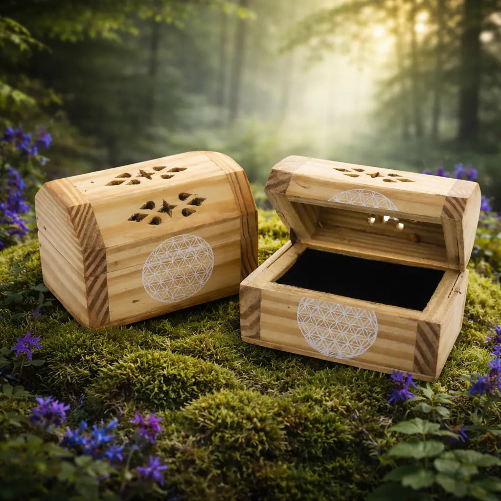 Boîte en bois fleur de vie lot de 2 avec motif peint blanc et intérieur en velours noir.