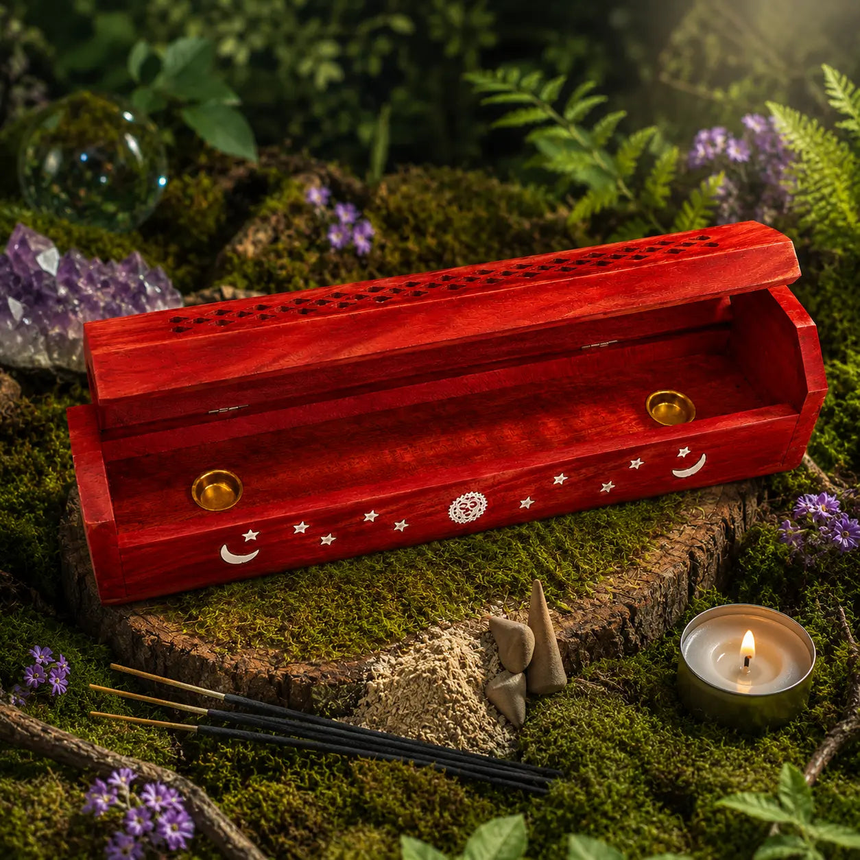 Boîte Porte Encens en Bois Manguier - Soleil & Lune Rouge peinte en rouge vermillon et entrouverte sur une souche moussue, révélant ses coupelles métalliques dorées.