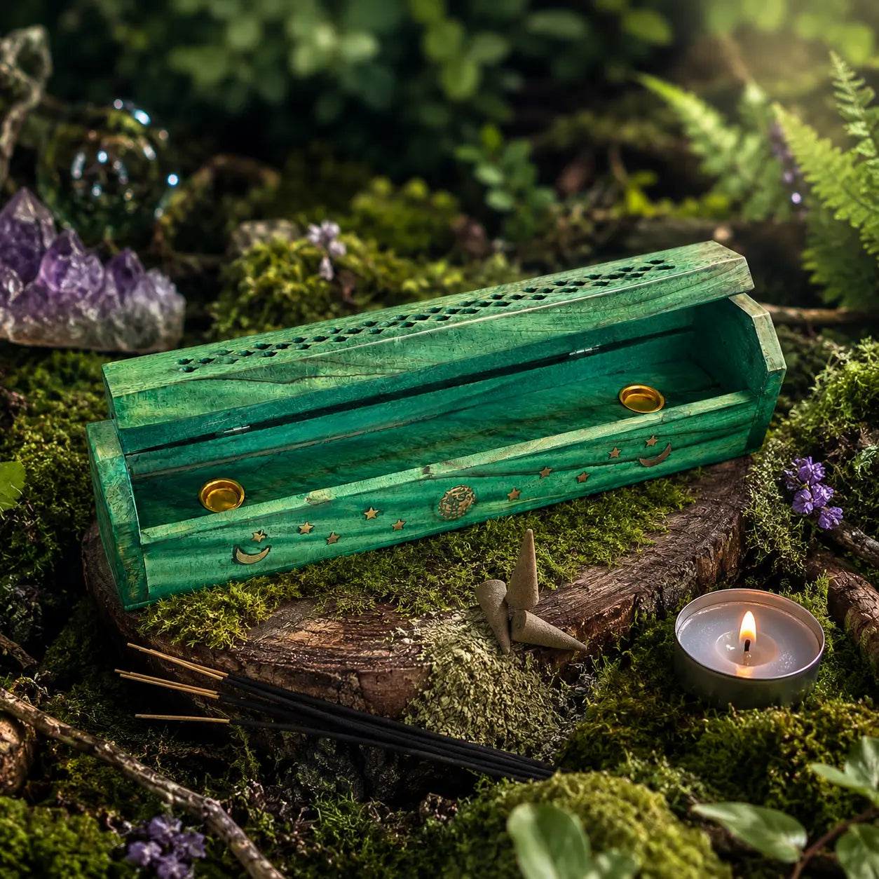 Boîte Porte Encens en Bois Manguier - Soleil & Lune Vert peinte en vert jade et entrouverte sur une souche moussue, dévoilant ses réceptacles rituels internes dorés.