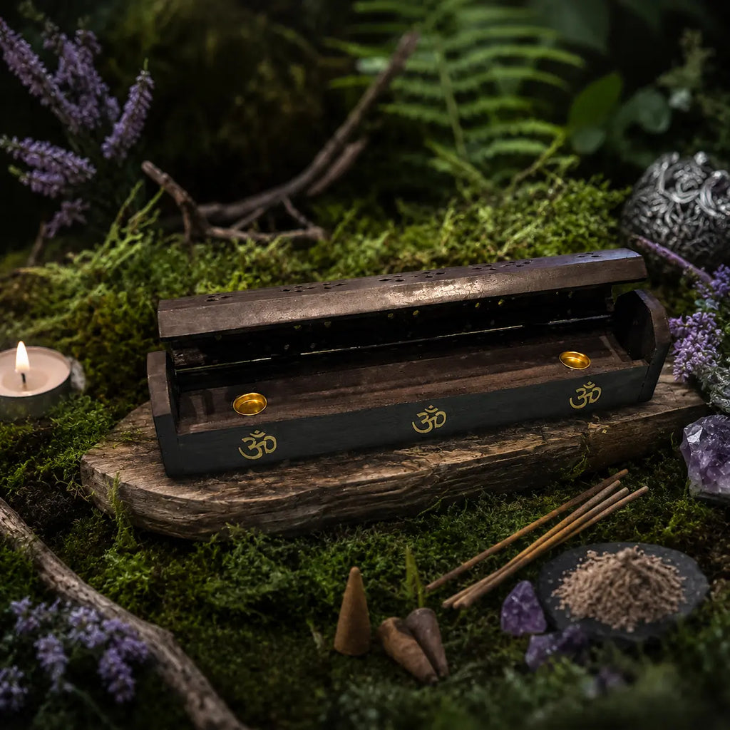 Boîte Porte Encens en Bois Noir - Om Doré entrouverte sur un socle en bois moussue, dévoilant ses coupelles dorées intérieures à côté de cônes d'encens.