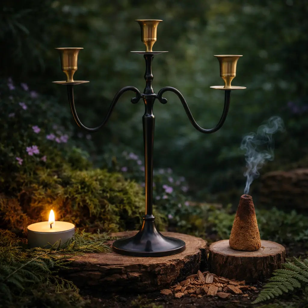 Bougeoir 3 branches anthracite avec coupelles dorées en laiton pour chandelles et rituels ésotériques.