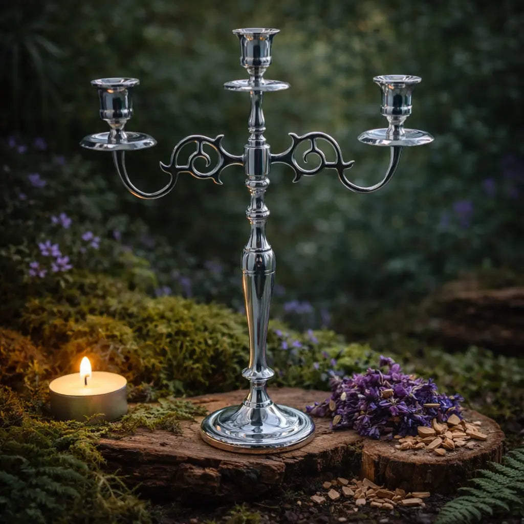 Bougeoir 3 branches argenté en aluminium poli avec courbes élégantes pour chandelles rituelles.