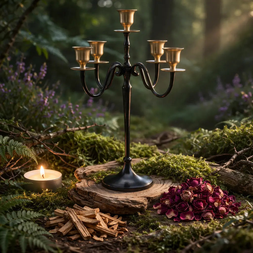 Bougeoir 5 branches anthracite en laiton avec finitions dorées pour chandelles de rituel.