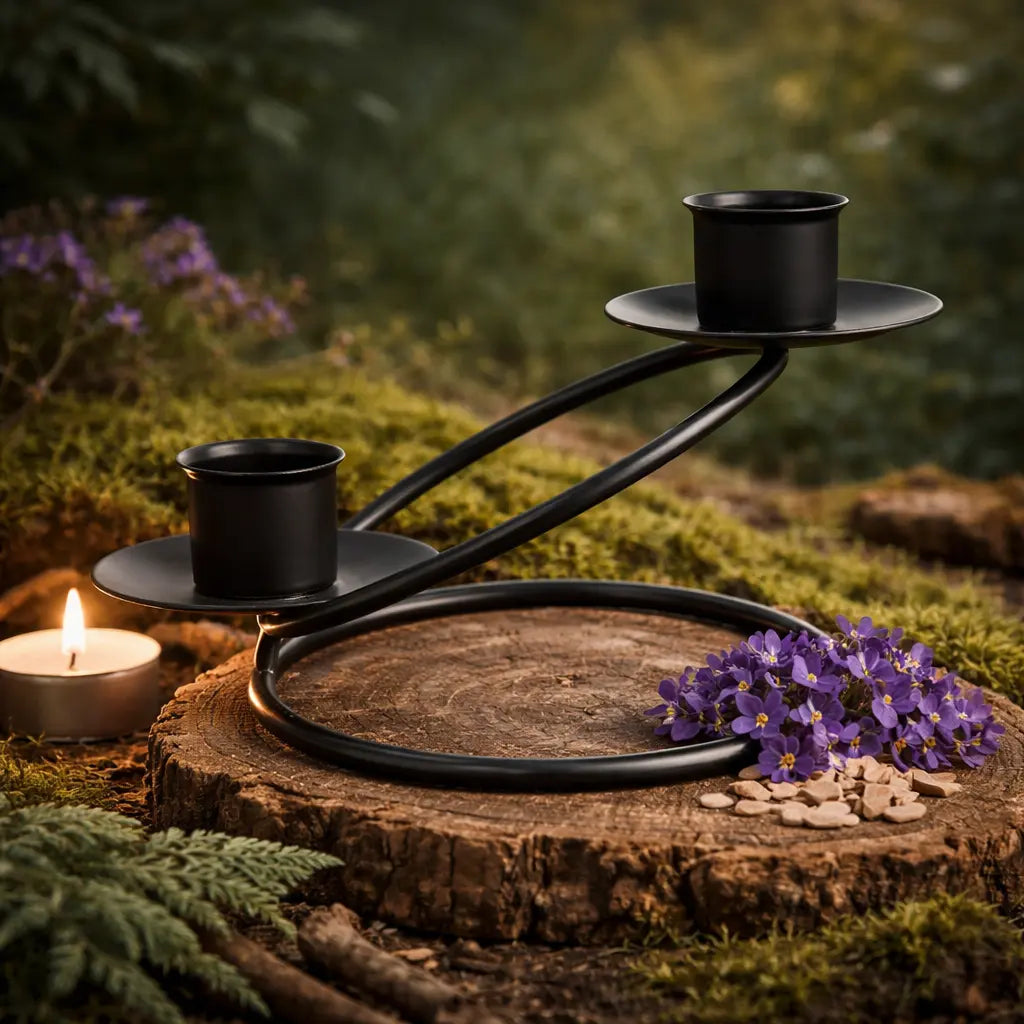 Bougeoir fer forgé noir - double anneaux au design entrelacé pour deux chandelles de rituel fines.