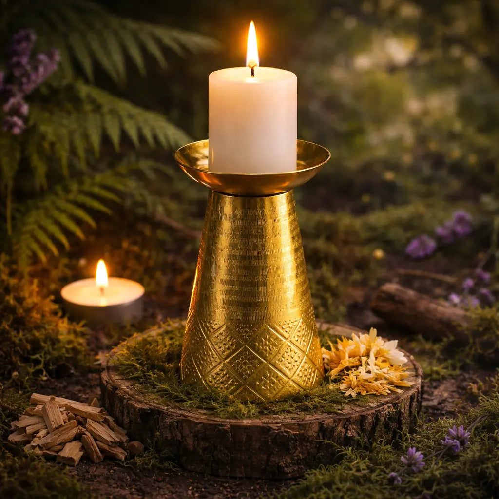 Un bougeoir oriental en métal doré martelé et gravé, supportant une bougie blanche allumée, mis en scène sur une souche d'arbre dans un sous-bois enchanteur avec mousse, fleurs et copeaux de bois.