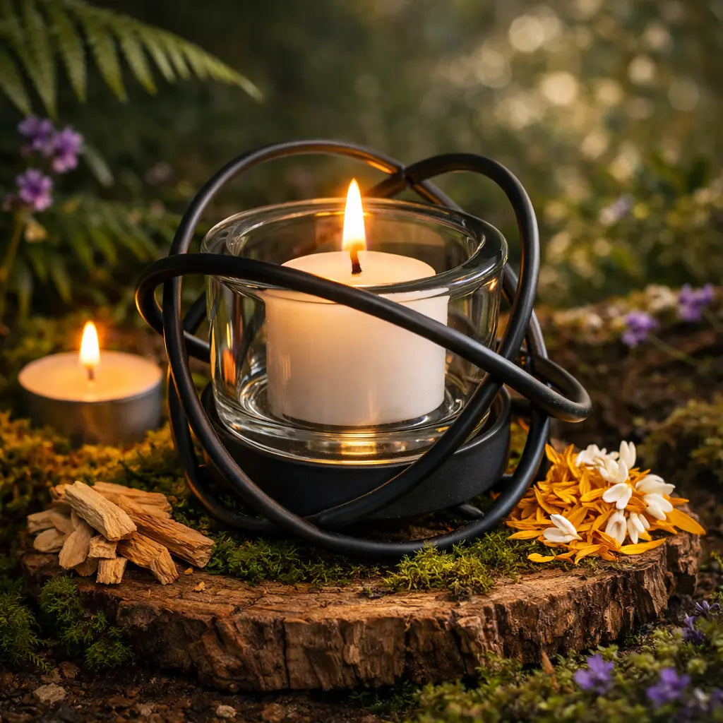 Un photophore moderne en verre et métal noir contenant une bougie allumée, mis en scène sur une tranche de bois entourée de mousse, de fleurs séchées et de copeaux de bois dans une ambiance naturelle et chaleureuse.