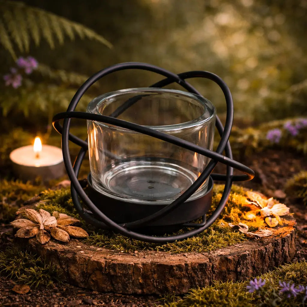 Bougeoir photophore verre et métal noir mat avec structure circulaire entourant un verre transparent.