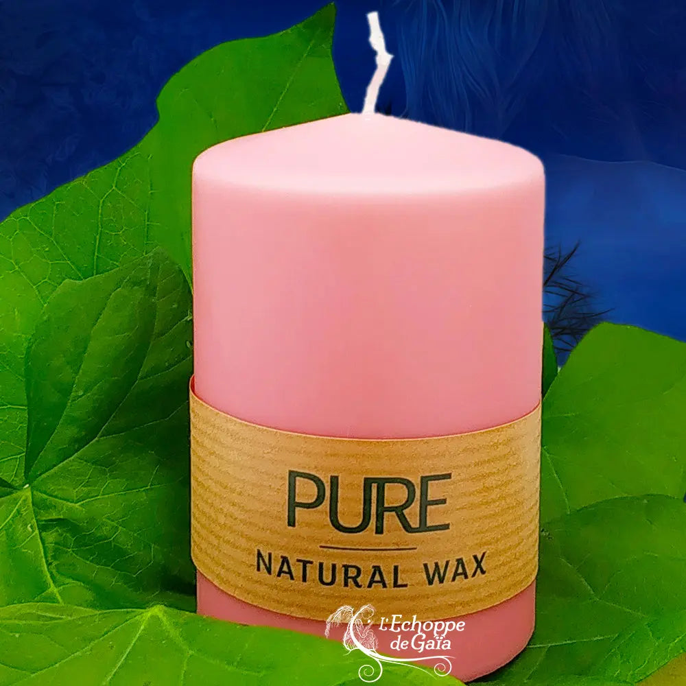 Bougie pilier rose en cire naturelle « PURE », avec étiquette beige, posée sur des feuilles vertes (L’Echoppe de Gaïa).
