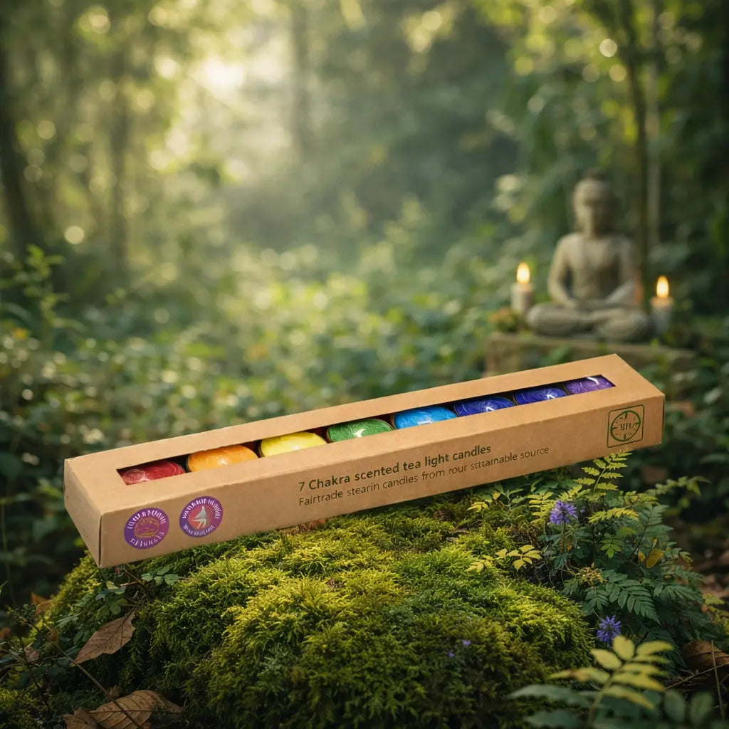Boîte de 7 bougies chauffe-plat colorées représentant les 7 chakras avec huiles essentielles pures.