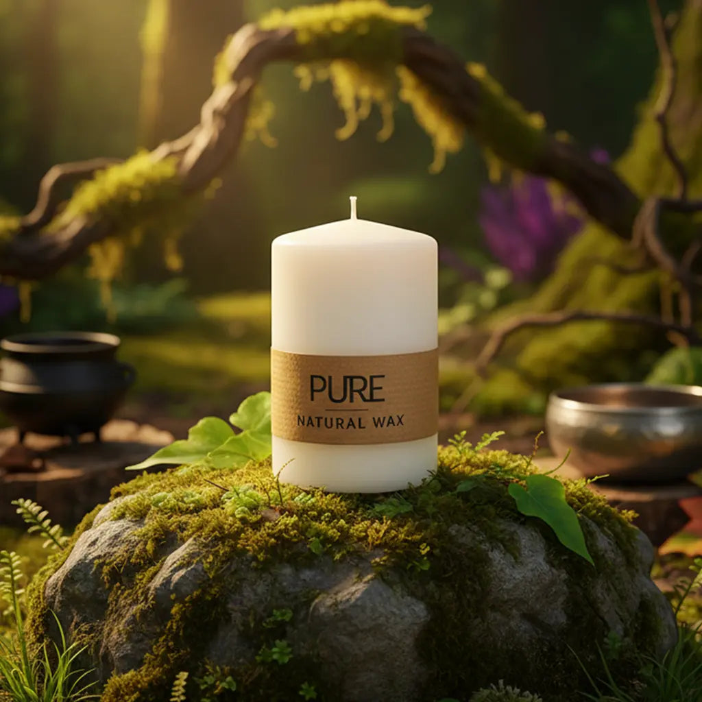 Bougie Cylindre Blanc 25h Pure Candle avec bandeau papier naturel, posée sur un rocher moussu en forêt, entourée d'un chaudron et d'un bol chantant pour un rituel de magie blanche.