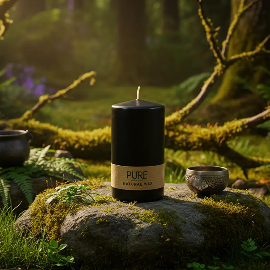 Bougie Cylindre Noir 25h Pure Candle avec son bandeau naturel, posée sur un rocher sombre et moussu en forêt, entourée d'un bol chantant pour un rituel de protection.