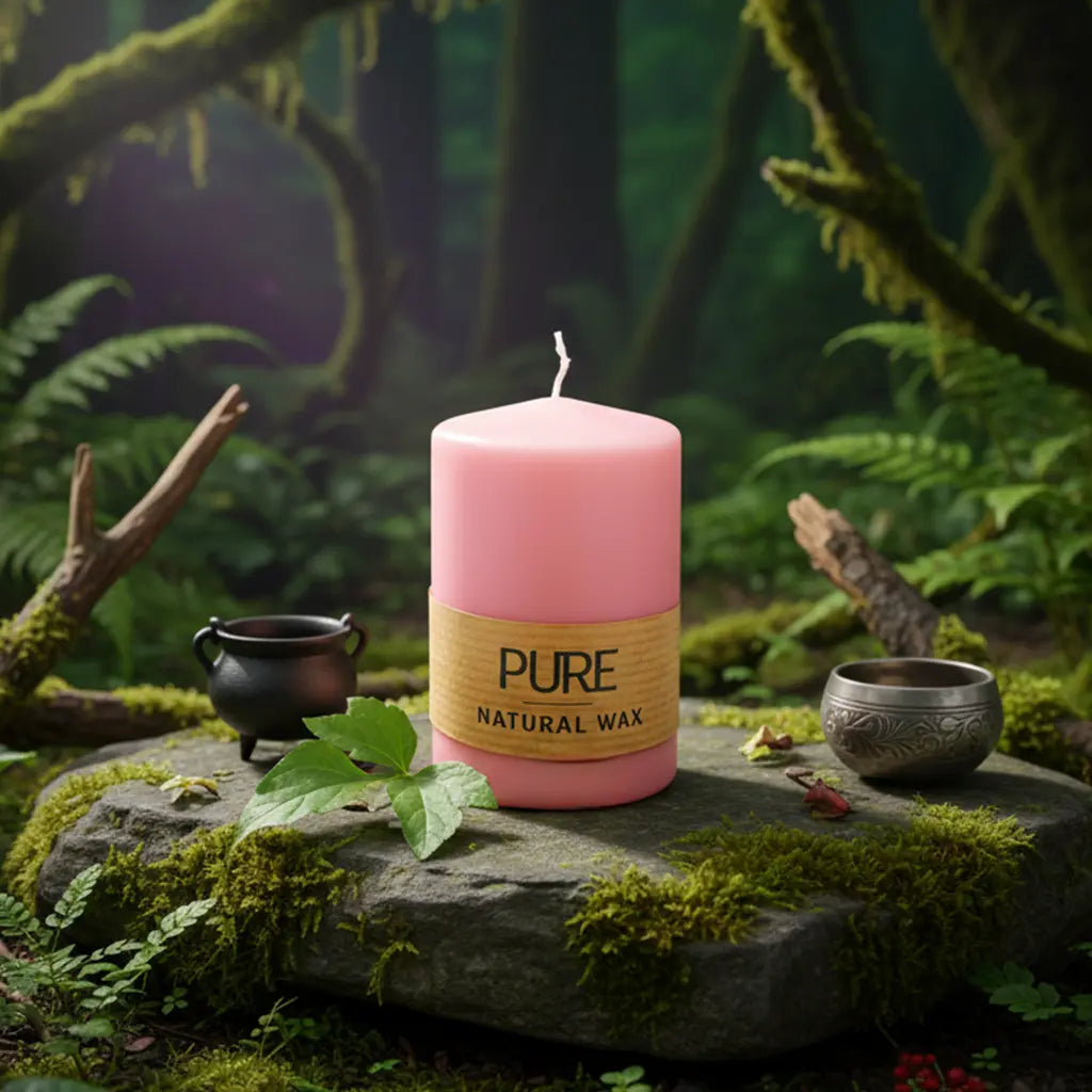 Bougie Cylindre Rose Antique 25h Pure Candle avec son bandeau naturel, posée sur un rocher moussu en forêt, entourée d'un bol chantant pour un rituel de douceur et d'amour.