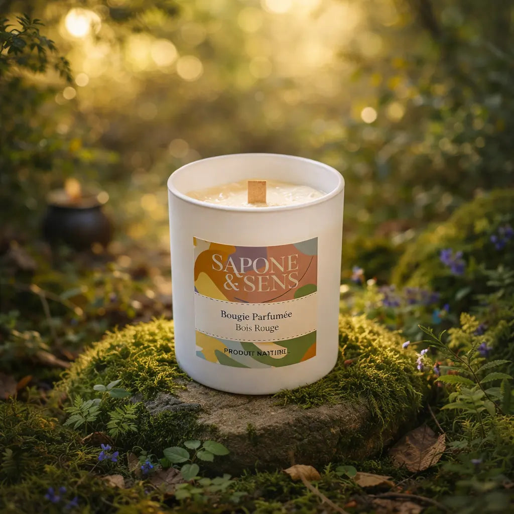 Bougie parfumée artisanale Bois Rouge avec mèche en bois crépitante sur un socle de pierre et mousse en forêt.