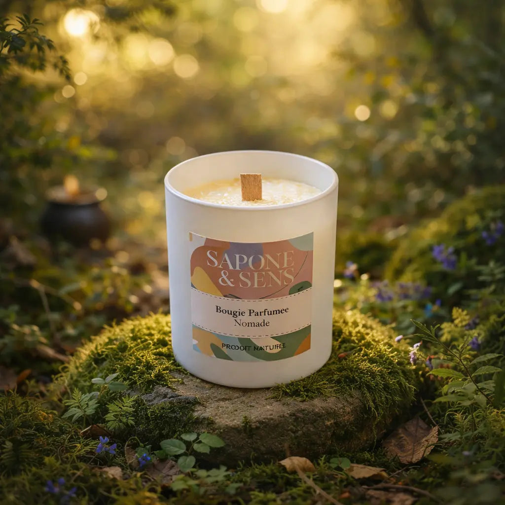 Bougie parfumée artisanale Nomade mèche en bois crépitante sur un socle de pierre et mousse forestière.