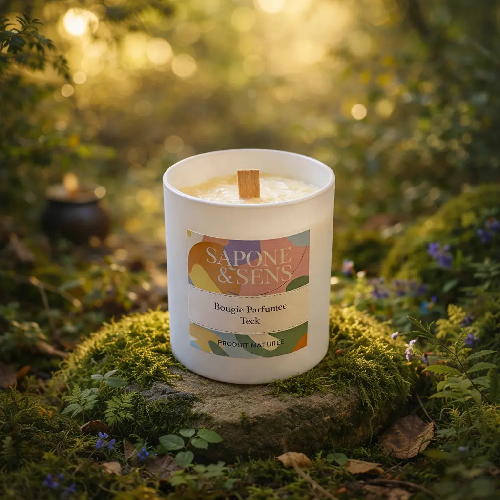 Bougie parfumée artisanale Tek mèche en bois crépitante sur un socle de pierre et mousse en forêt.