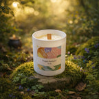 Bougie parfumée artisanale Tek mèche en bois crépitante sur un socle de pierre et mousse en forêt.