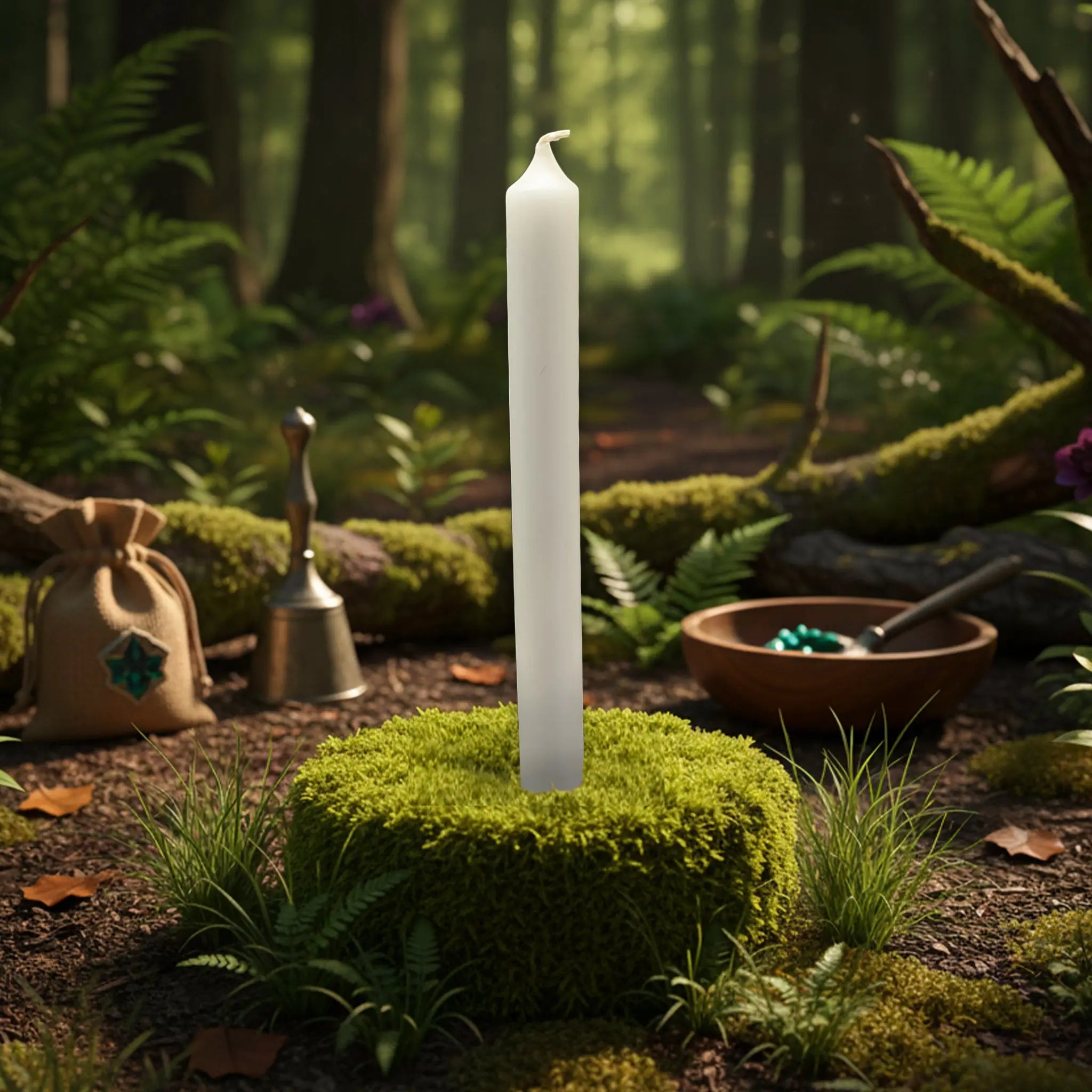 Bougie ésotérique blanche dressée au centre d’un coussin de mousse en pleine forêt, entourée de fougères et d’accessoires rituels, dans une ambiance magique symbolisant pureté, protection et lumière.