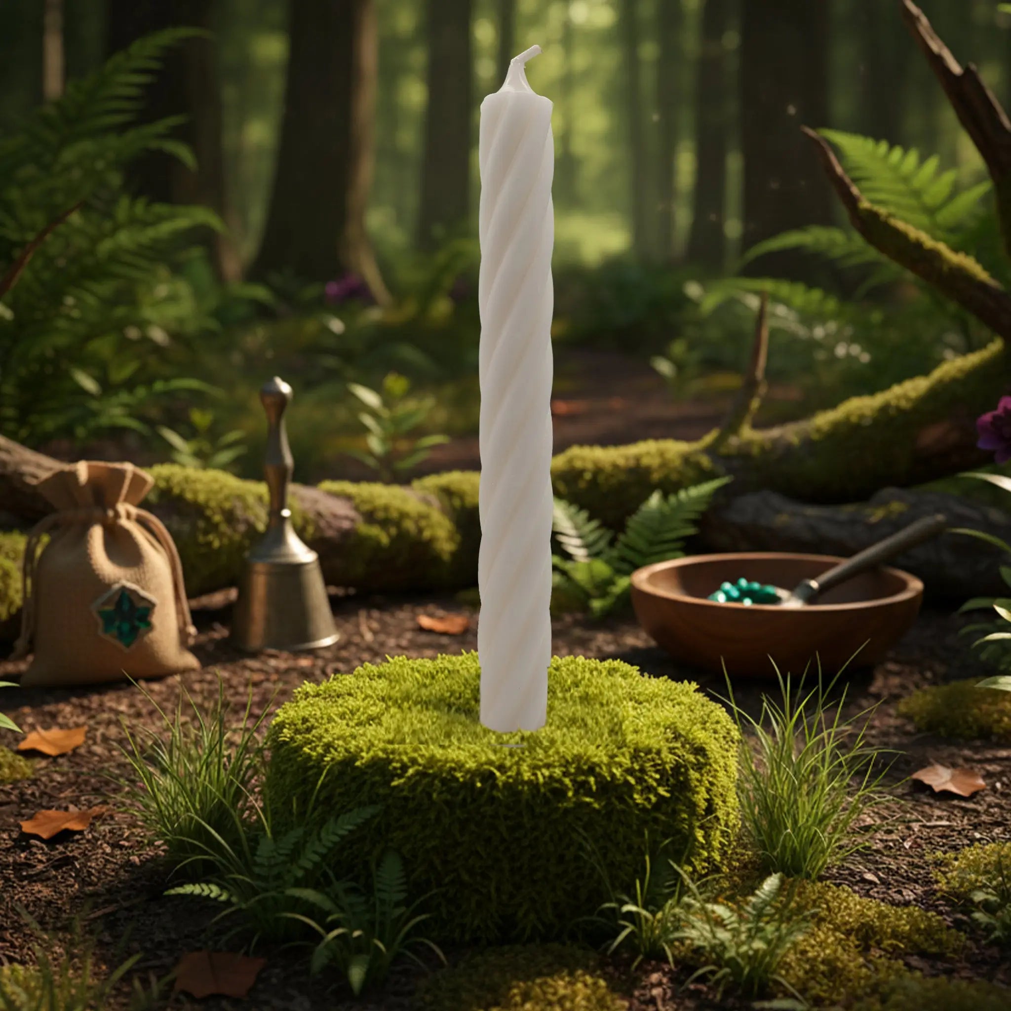 Bougie Rustic Twist - Blanc Cassé torsadée posée sur un lit de mousse verte dans une ambiance de forêt enchantée, accompagnée d'accessoires de rituel.