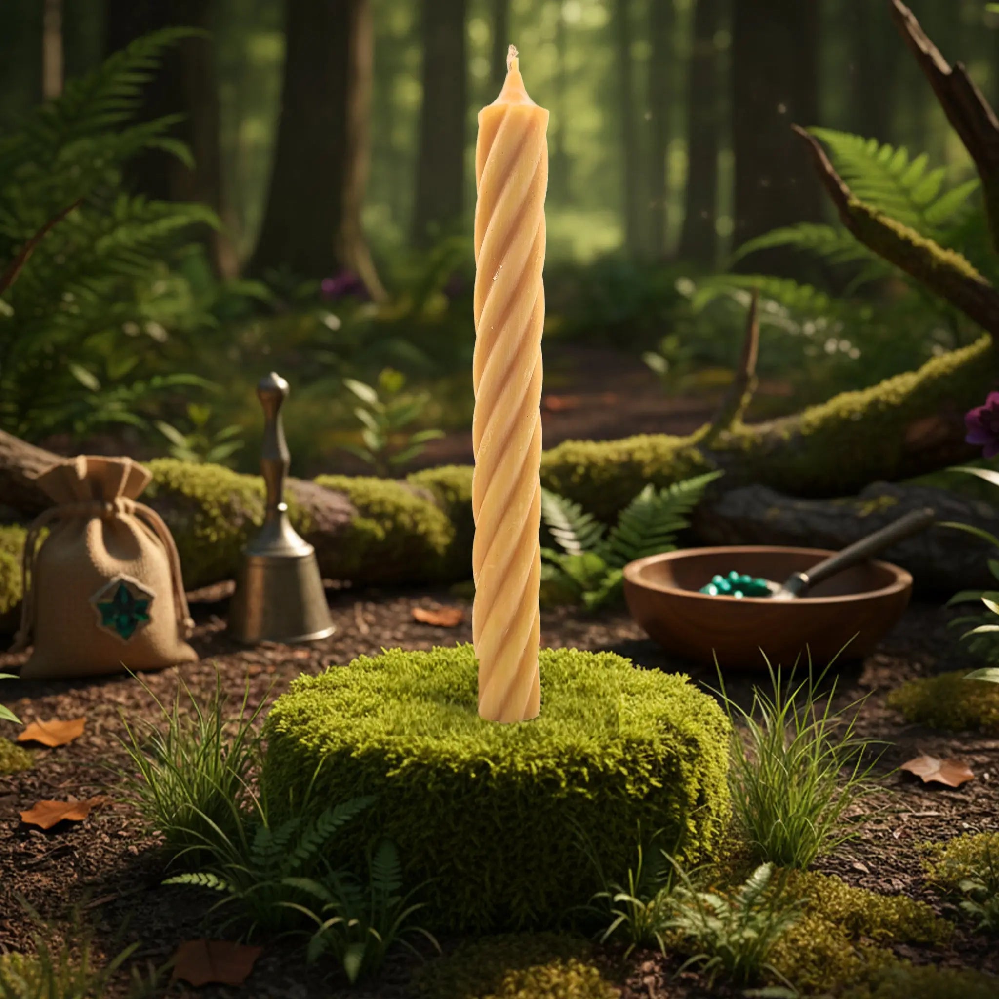 Bougie Rustic Twist - Jaune Moutarde torsadée dressée sur un socle de mousse végétale, ambiance forêt enchantée et lumière dorée.