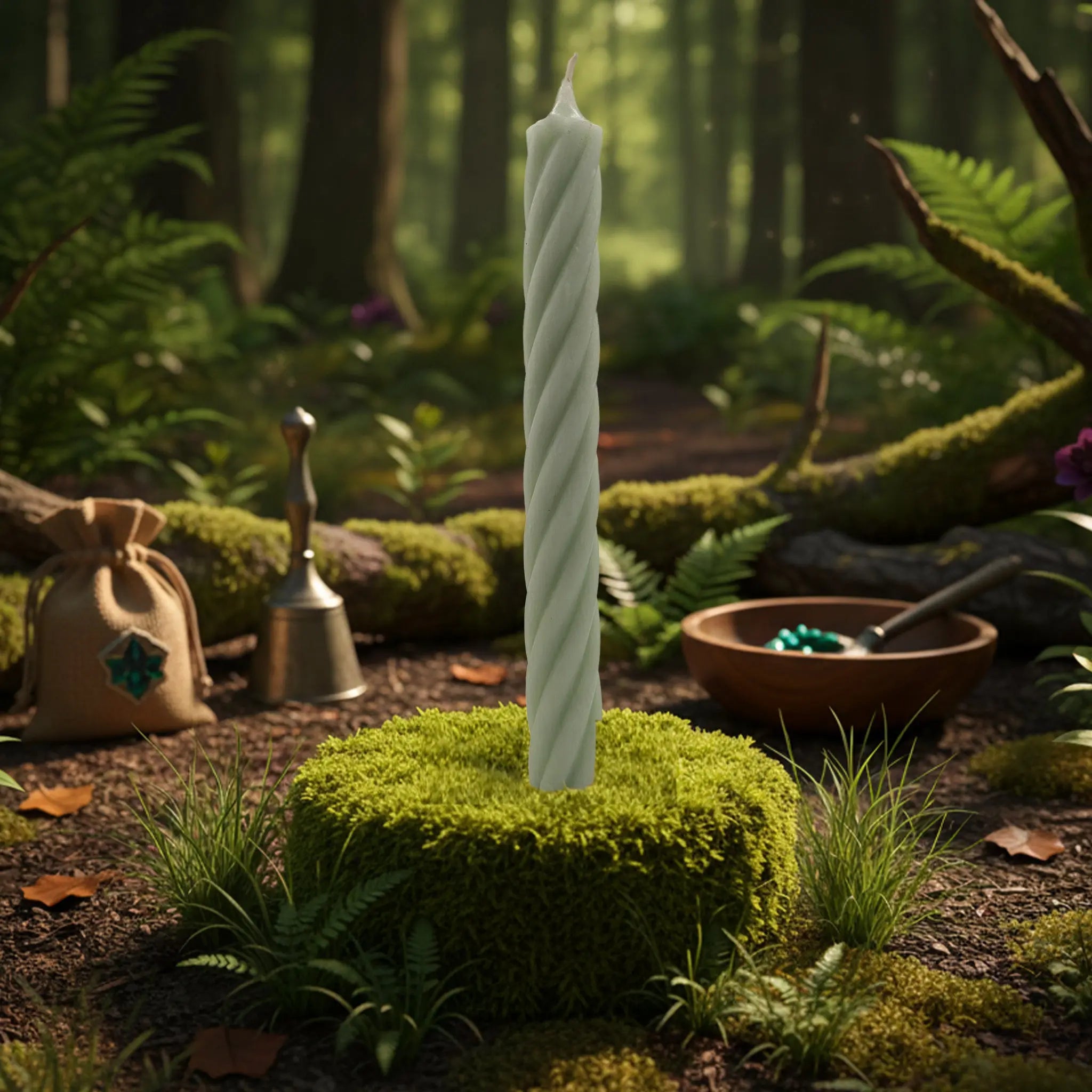 Bougie Rustic Twist - Vert Clair torsadée dressée sur un socle de mousse végétale au cœur d'une forêt féerique, entourée d'objets ésotériques.