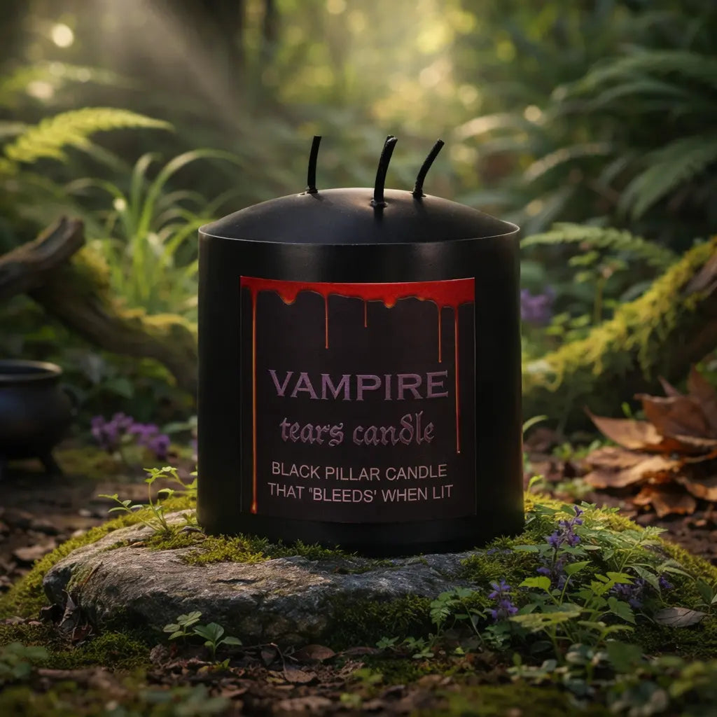 Bougie antique vampire - 3 mèches noire de forme cubique qui pleure de la cire rouge en fondant.