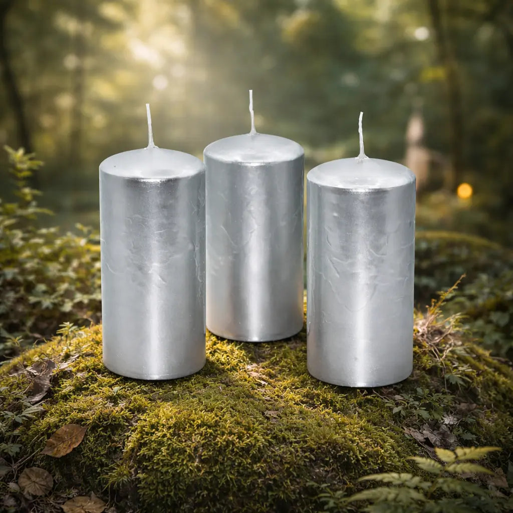 Trio de bougies piliers métalisées cylindre argent de 10 cm de haut disposées sur de la mousse en forêt.