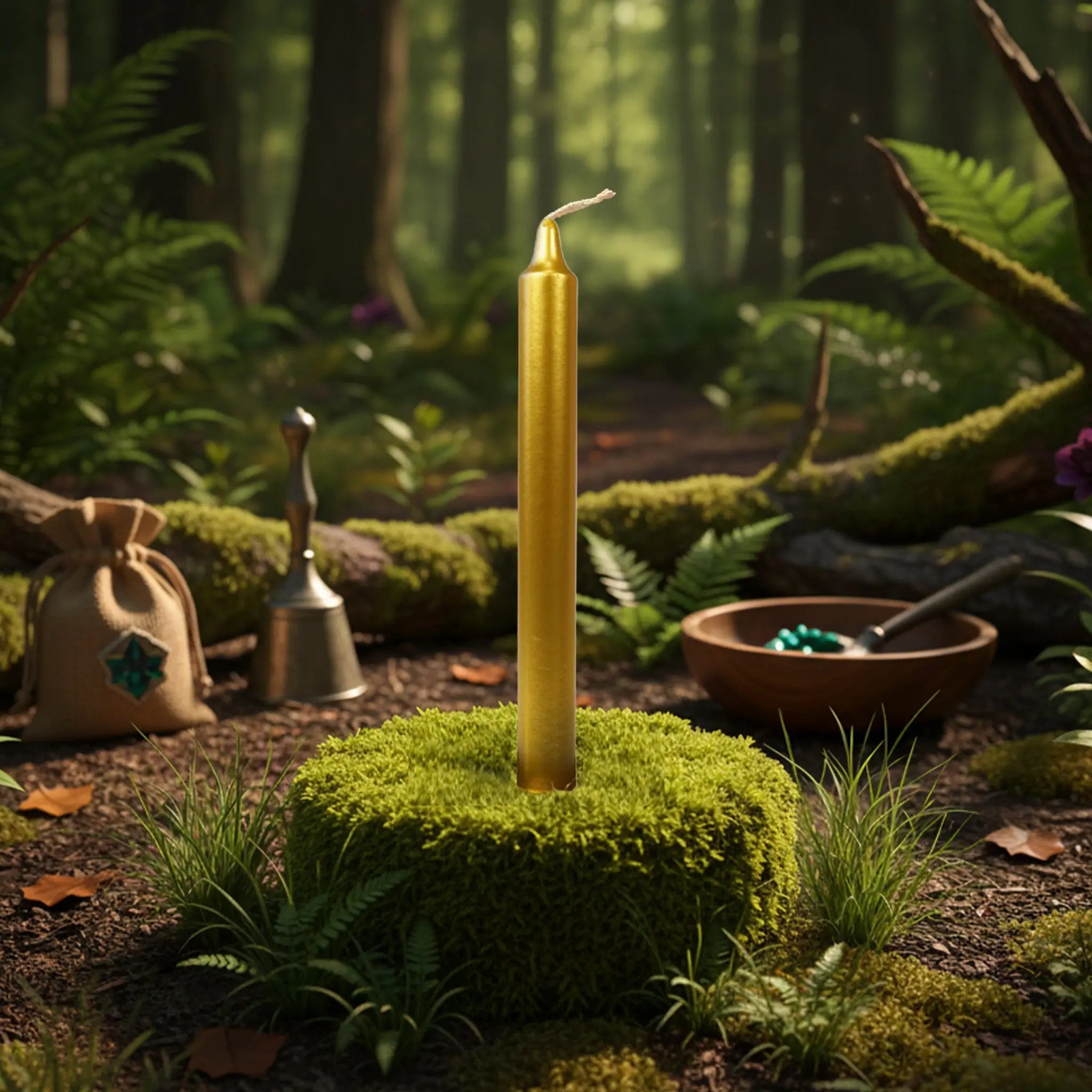 Bougie ésotérique dorée dressée sur un coussin de mousse en pleine forêt, idéale pour les rituels de prospérité, de succès et de rayonnement personnel.