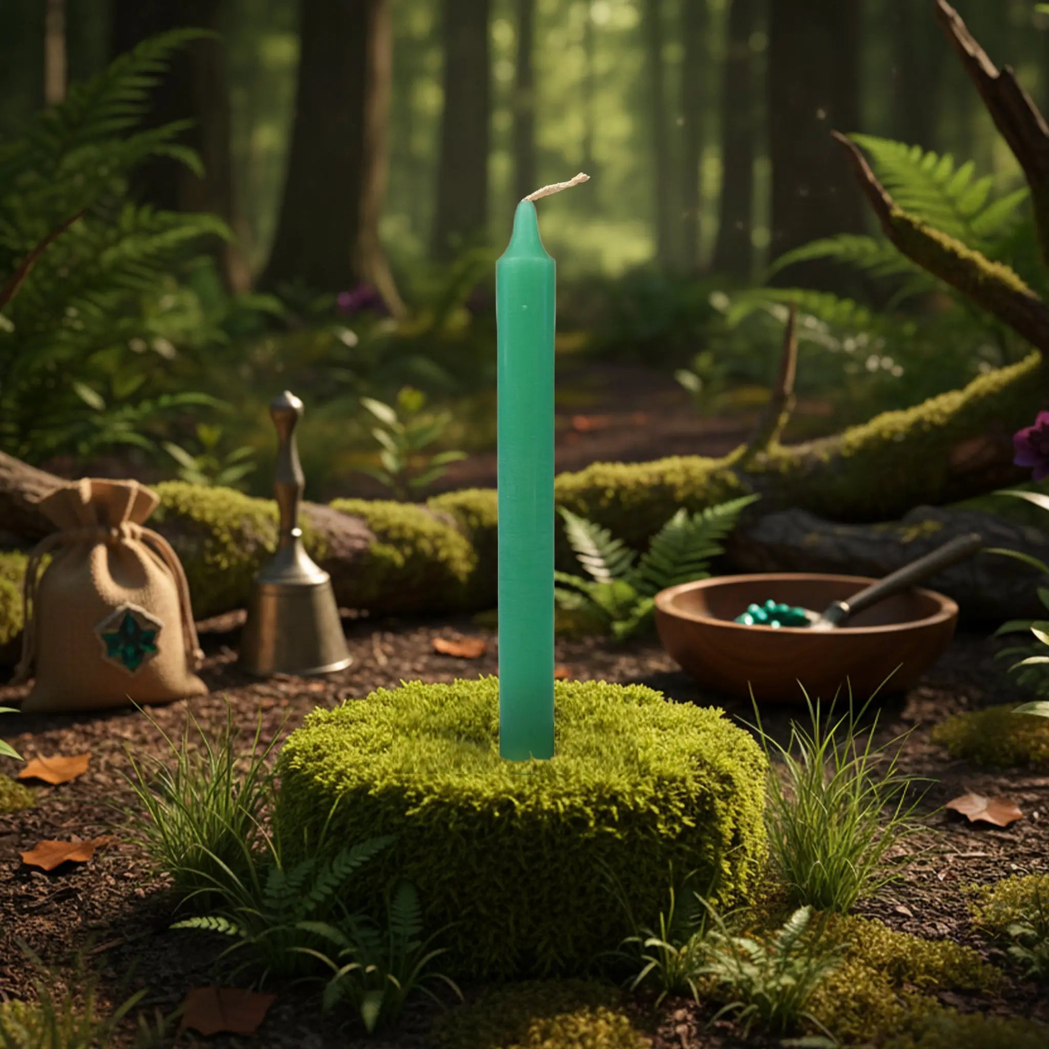 Bougie longue vert pré teintée dans la masse, dressée sur un coussin de mousse au cœur d’une clairière forestière, dans une ambiance de rituel naturel et féerique.