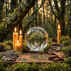 Boule de Cristal avec Support - 12 cm en cristal véritable posée sur un socle en verre au milieu de bougies et de mousse.