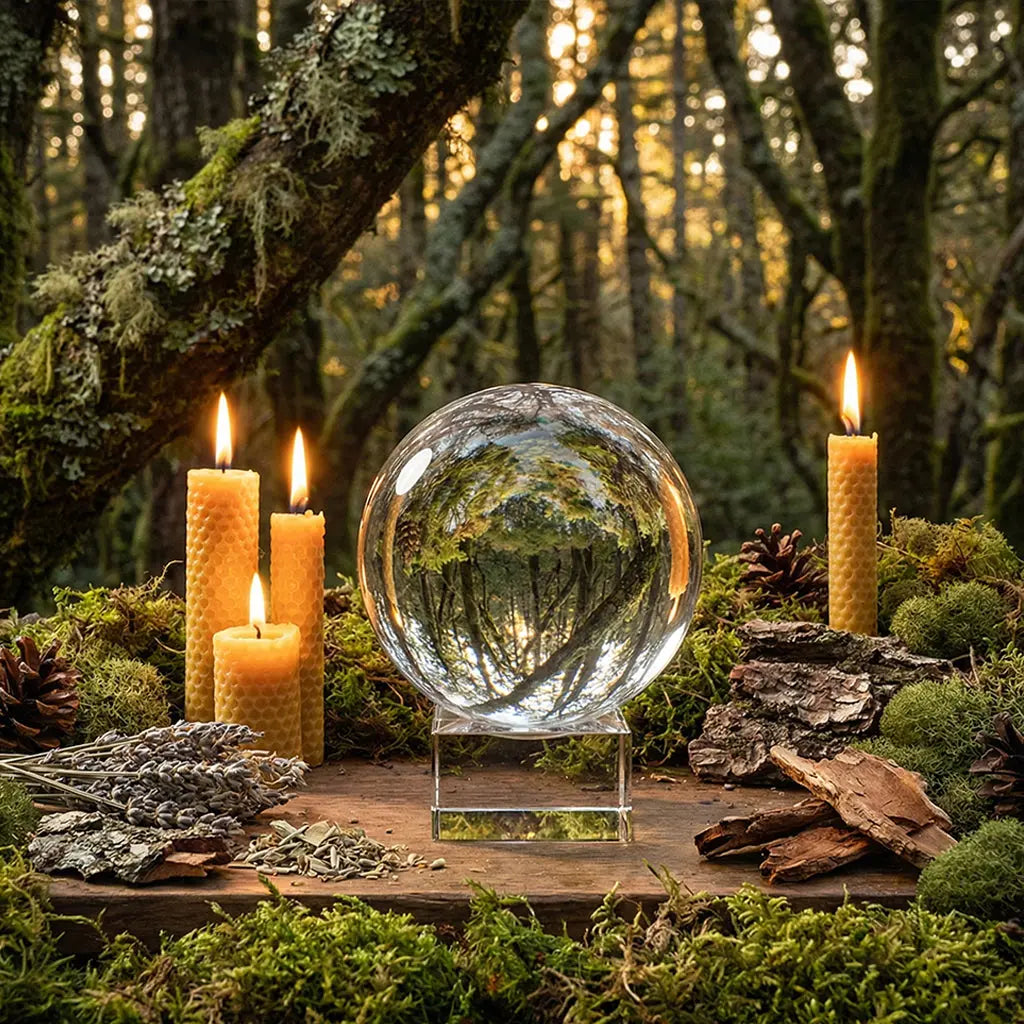 Boule de Cristal avec Support - 12 cm en cristal véritable posée sur un socle en verre au milieu de bougies et de mousse.