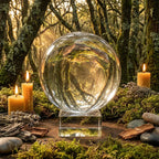 Boule de Cristal avec Support - 19-20 cm posée sur un socle en verre au milieu d'une forêt moussue avec des bougies.