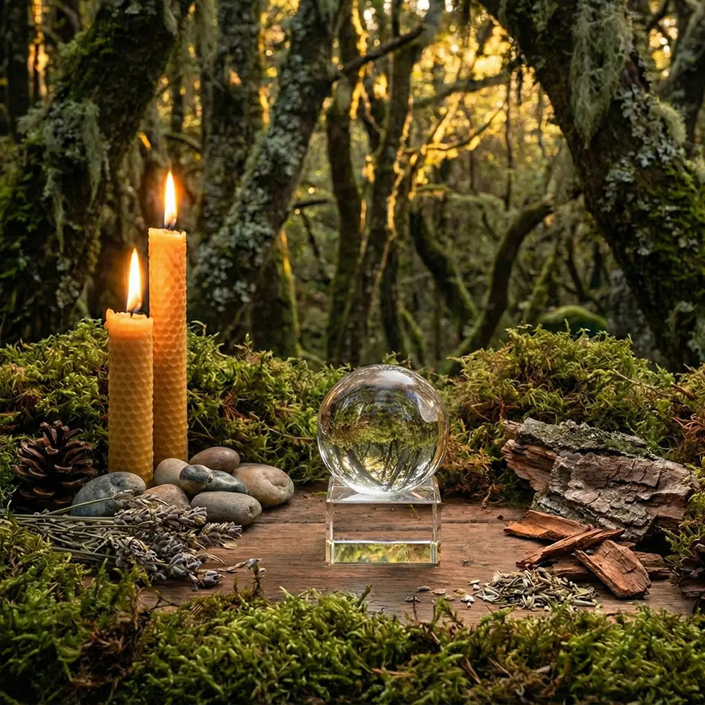 Boule de Cristal avec Support - 6 cm en cristal véritable posée sur son socle en verre au milieu de la nature.