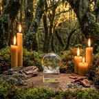 Boule de Cristal avec Support - 8 cm en cristal véritable posée sur un socle carré entourée de bougies et de mousse.