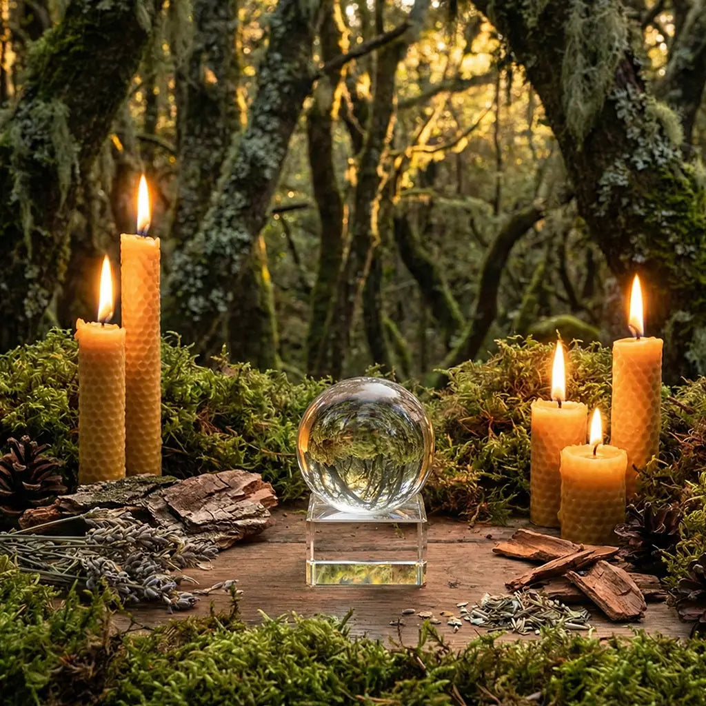 Boule de Cristal avec Support - 8 cm en cristal véritable posée sur un socle carré entourée de bougies et de mousse.