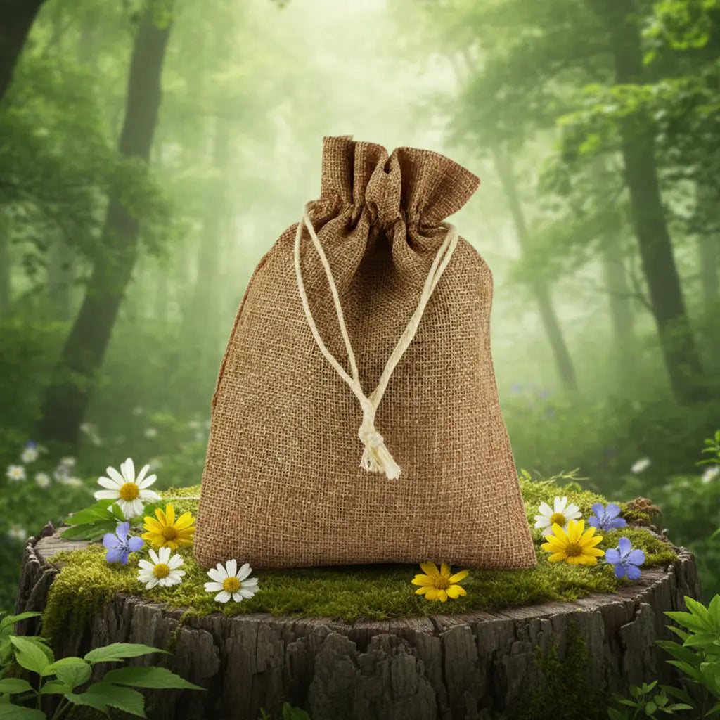 Bourse en toile de jute Marron Clair - 20 x 14 cm posée sur une souche dans une forêt enchantée.