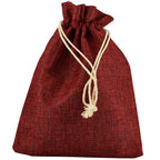 Bourse en toile de jute rouge bordeaux, fermeture par cordon.