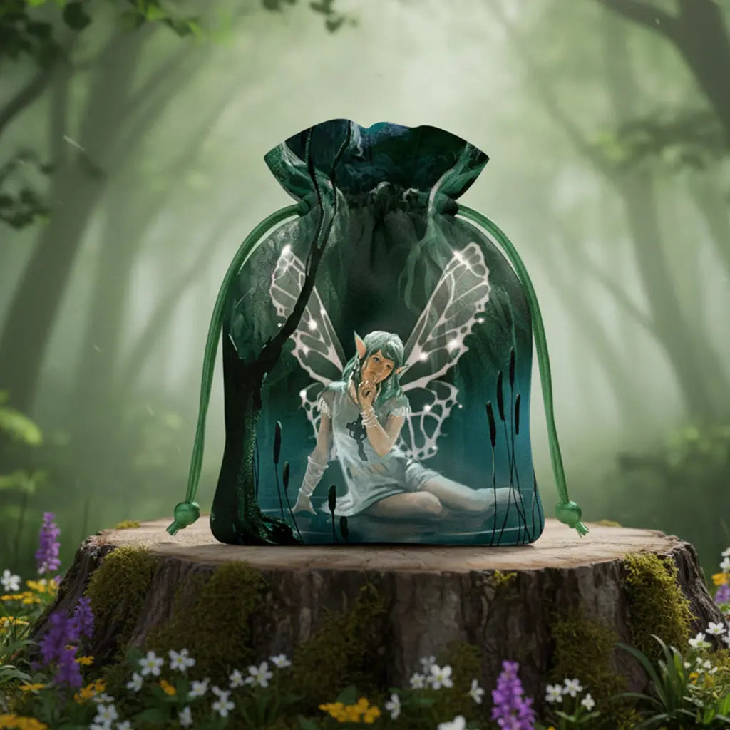 Bourse satin Fée verte avec illustration féerique posée sur une souche dans une forêt enchantée.
