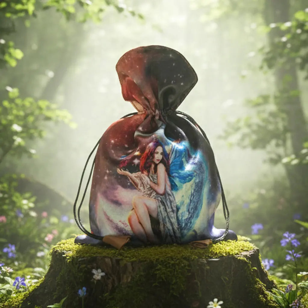 Bourse satin Fée de la Lune illustrée par Raffaele De Angelis posée sur une souche dans une forêt.