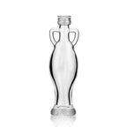 Une petite bouteille en verre transparent en forme d'amphore à deux anses avec un bouchon à vis métallique, idéale pour contenir des élixirs, présentée sur un fond blanc.