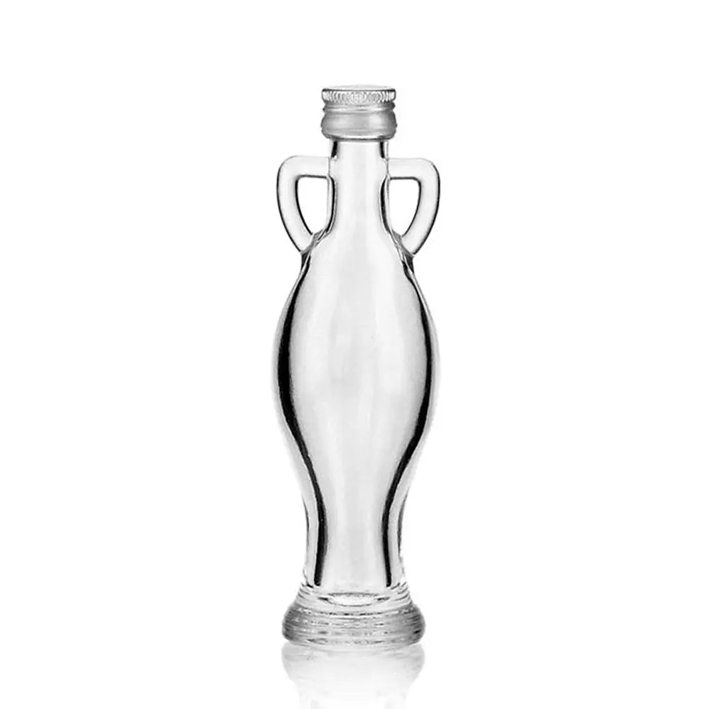 Une petite bouteille en verre transparent en forme d'amphore à deux anses avec un bouchon à vis métallique, idéale pour contenir des élixirs, présentée sur un fond blanc.