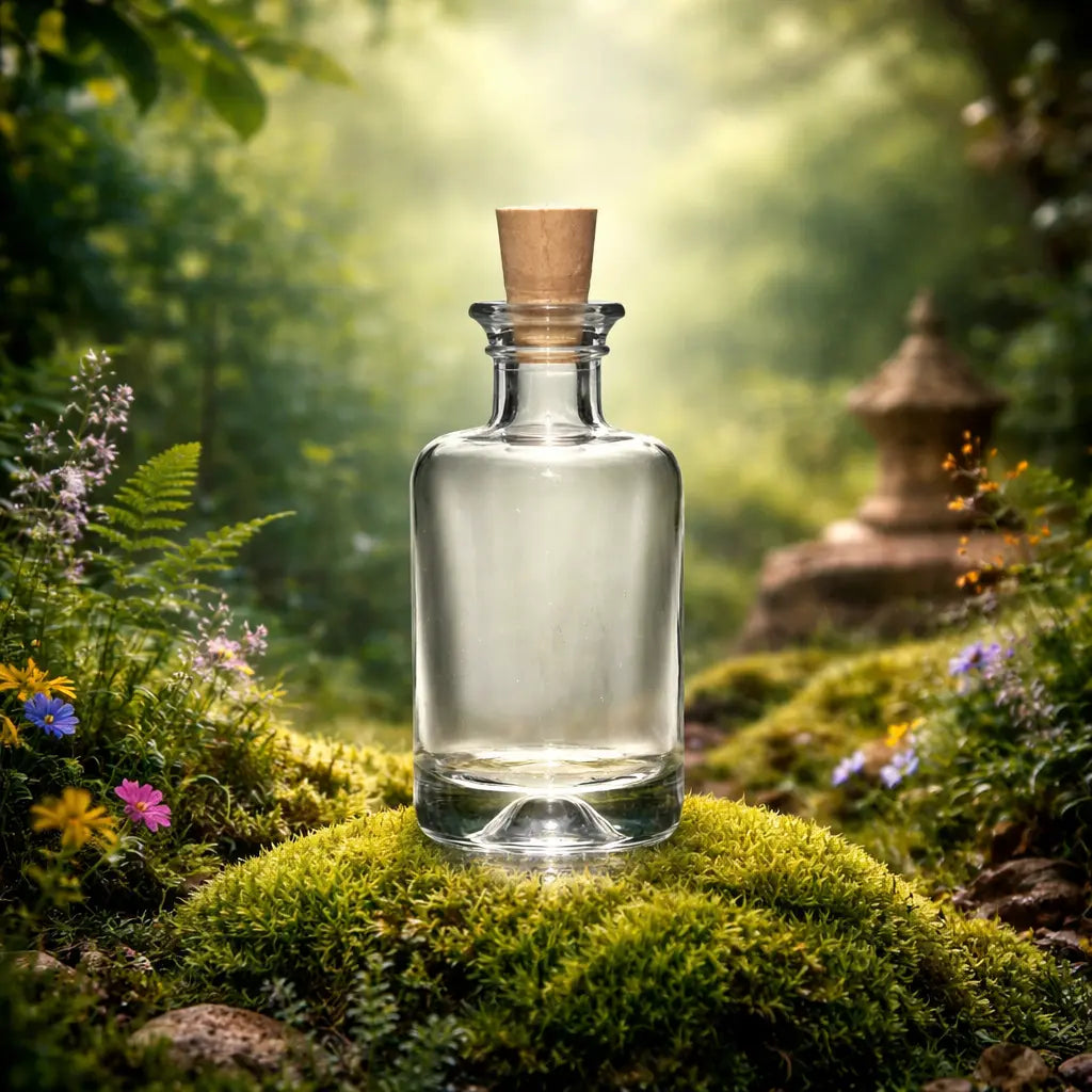 Flacon en verre transparent de style apothicaire avec un bouchon en liège, posé sur un lit de mousse épaisse dans une forêt baignée de lumière mystique.