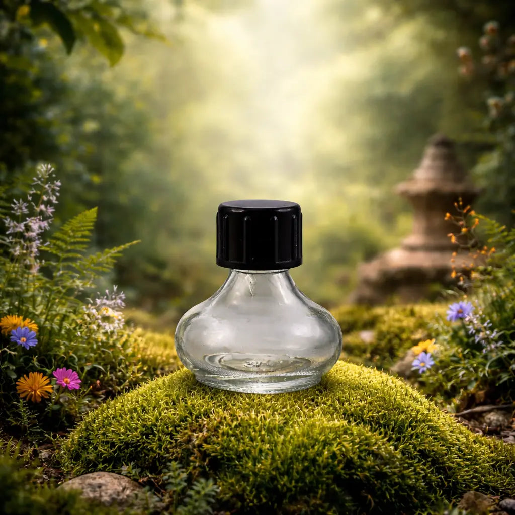 Mini fiole ronde en verre transparent avec un bouchon à vis noir, posée sur une butte de mousse verte luxuriante dans une forêt enchantée.