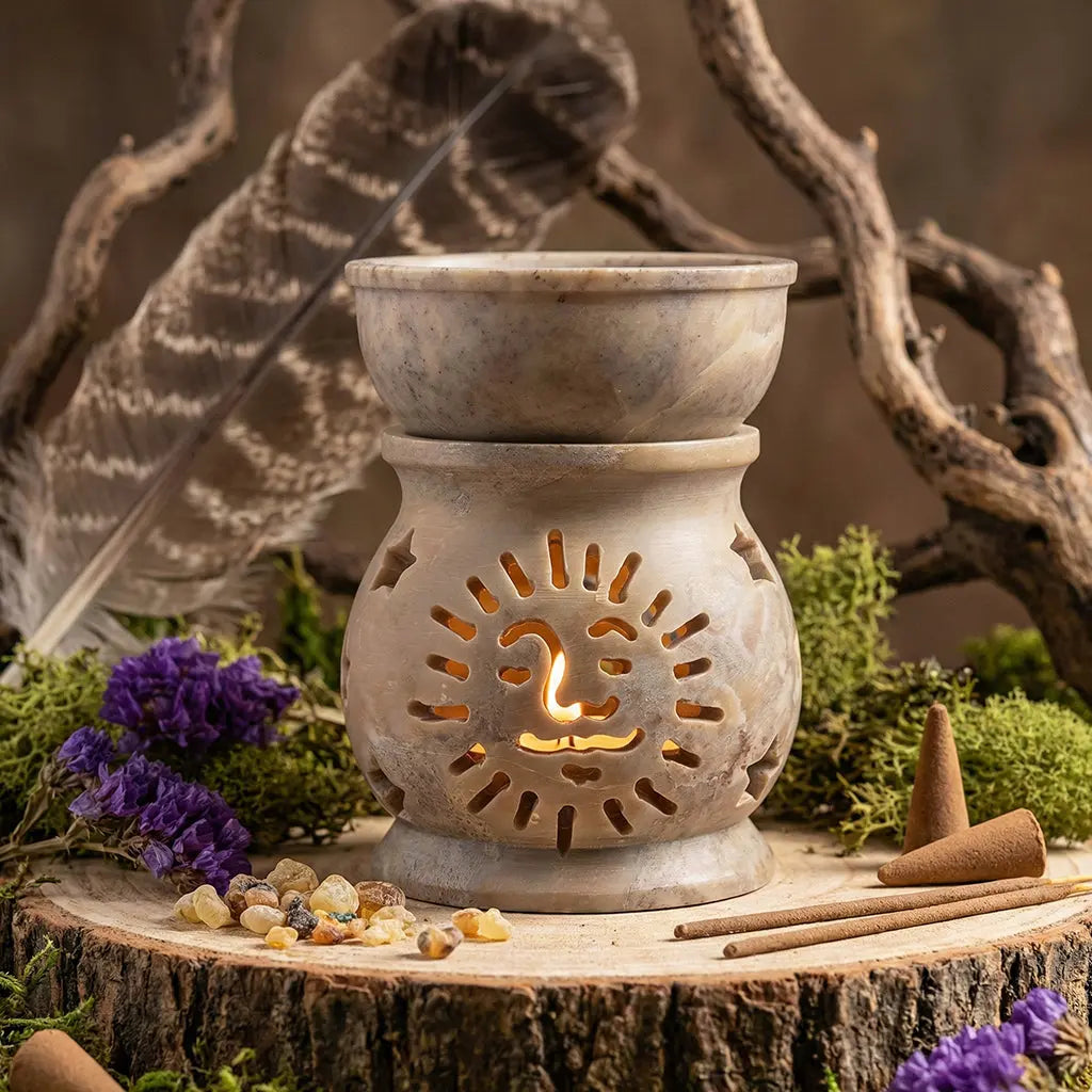 Brûleur à Huile, Résines et Encens en stéatite - Soleil en pierre naturelle beige posé sur une souche avec une bougie allumée.