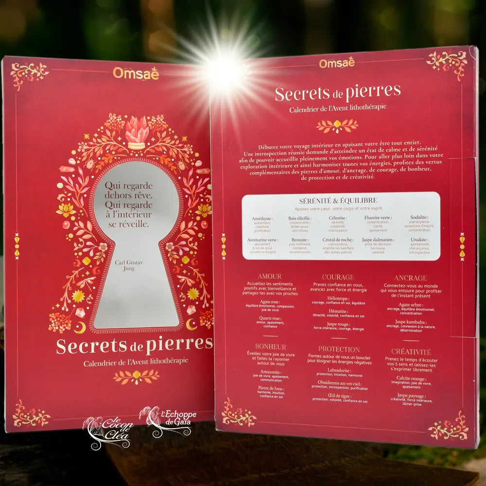 Verso rouge d'un calendrier de l'Avent lithothérapie "Secrets de pierres" détaillant la liste des 24 minéraux inclus et leurs vertus (Sérénité, Amour, Protection, etc.) avec une citation de C.G. Jung.