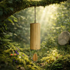 Carillon en bambou Aria suspendu à une branche d'arbre couverte de mousse, capturant la lumière dorée d'une forêt mystique et sereine.