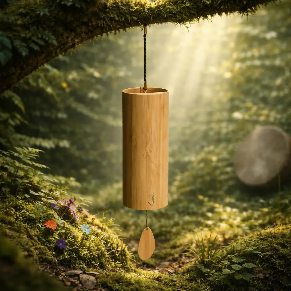 Carillon cylindrique en bambou clair suspendu à une branche moussue, oscillant doucement sous les rayons d'un soleil de forêt mystique.
